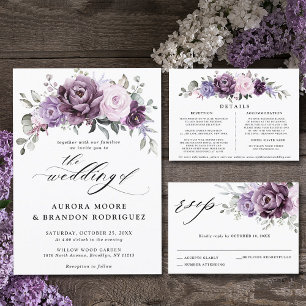Convite Formas de Casamento Floral Moody Blooms Roxo Dusty