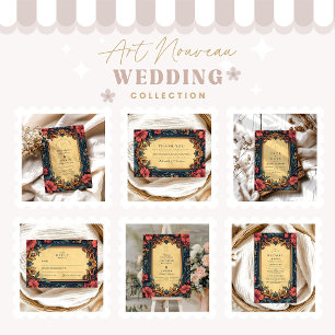 Cartão De Informações Marinho Blue Floral Wedding Art Nouveau