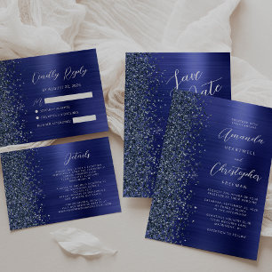 Convite Casamento Letra Brilhante Metal Esfregado Azul Mar
