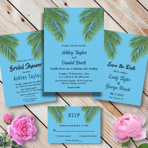 Cartão RSVP Marinho Tropical Palm Blue Beach Coastal Weding