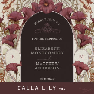 Convite Black Purple Calla Lily Wedding Art Nouveau Mucha