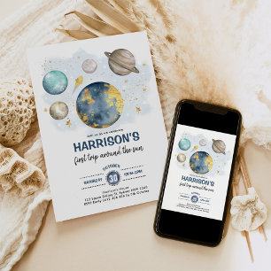 Convite Galaxy Outspace Moon Stars Foto do primeiro aniver