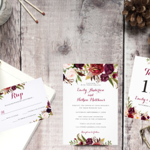 Convite De Casamento Floral Rustic Burgundy