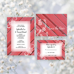 Red Barn Wood and Flowers Country Weding RSVP