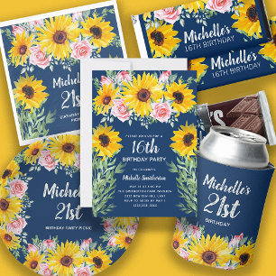 Convite Rosas cor-de-rosa Girassóis Marinho azul