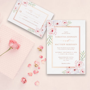 Convite Casamento Dourado de Rosa de Aquarela Floral Rosa 