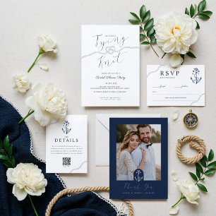 Cartão RSVP Marinho de Anchor e Corda Náutica Monograma e Bran