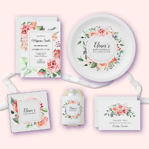 Convite Festa de aniversário Floral de 80 Rosa Elegante