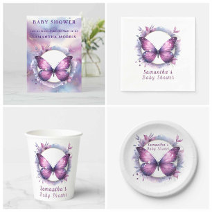 Convite Chá de fraldas da borboleta brilhante púrpura