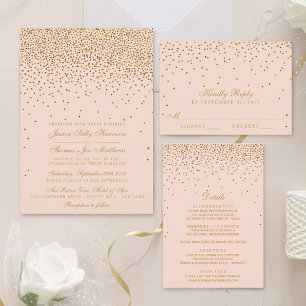 Convite Casamento de Confetti Dourado e Rosa Esbranquiçado