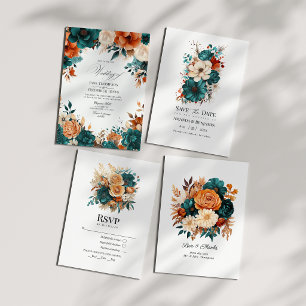 Convite Casamento Floral Azul Turquesa, Laranja Queimada e