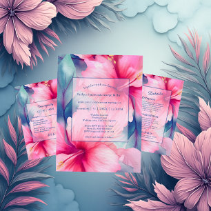 Convite casamento floral tropical havaiano fúcsia hibisco