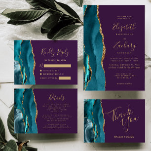 Placa RSVP de Casamento Roxo Dourado de Teal Moder