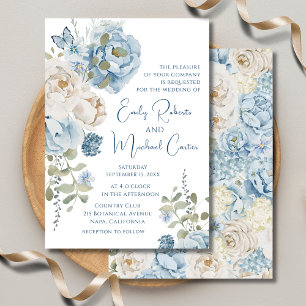 Convite Casamento Floral Romântico de Molas Azuis Azuis