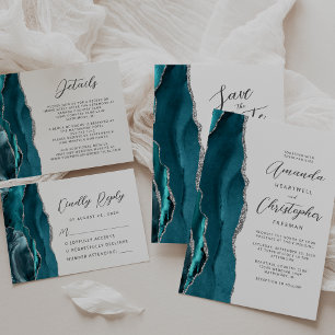 Cartão RSVP Casamento de Script Moderno do Prata Azul de Teal