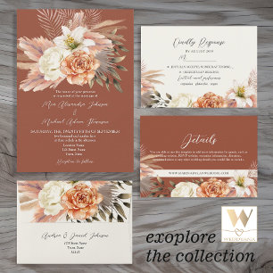 Convite Casamento Floral Boho Terracota Código QR