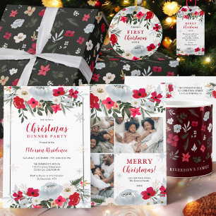 Convite Floco de neve floral verde-elegante Natal