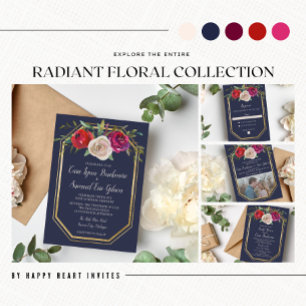 Convite Casamento Vermelho Brilhante Azul Marinho Floral R