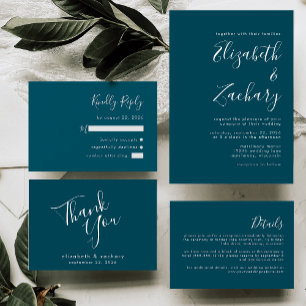 Convite Casamento Azul de Teal com Foto de Script Minimali