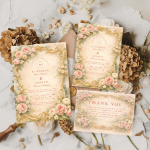 Cartão De Agradecimento Casamento Floral Barroco em Rose Gold