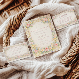 Convite Chá de Noiva Barroco Dourado Floral Rosado