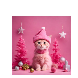 Cartão De Festividades Feliz gato rosa de Natal em gatinho de gengibre