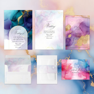 Cartão RSVP Roxo Elegante e Tinta Alcoólica Dourada