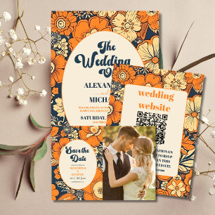 Convite Casamento Floral Colorido Moderno de Groovy Retro 