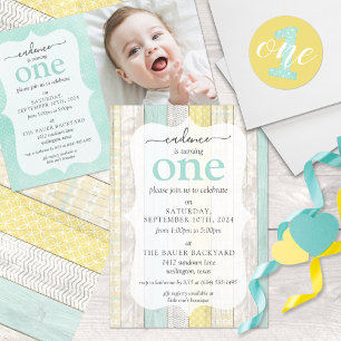 Adesivo Redondo primeiro aniversario Mint & Yellow Bolinhas One