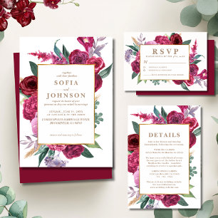 Convite Casamento Floral em Aquarela Vermelha Marrom Luxuo