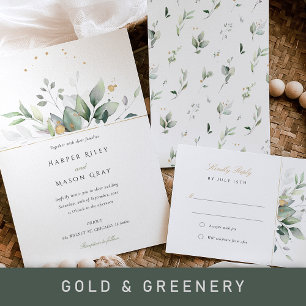 Elegante Greenery e Dourado Cartão de Casamento RS