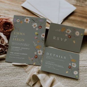 Convite Programa de Casamento de Sage Green Boho Wildflowe
