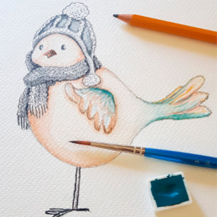 Papel De Presente Inverno Snow Sparrow Watercolor, pintado à mão