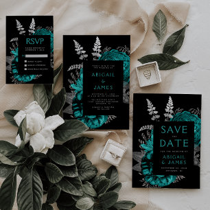 Convite Casamento de Prata Floral de Teal Floral Escuro El