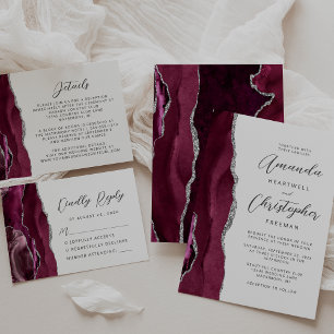 Cartão RSVP Casamento de Script Moderno de Agate Burgundy Silv