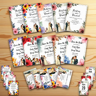 Convite Casamento de Verão com Casal Romântico Floral de W