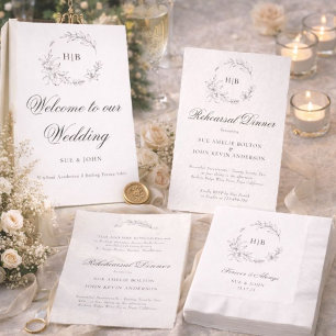 Convite Coroa Floral Clássica Monograma Sobrenome Casament