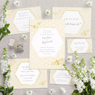 Convite Oh Honey Bee Cream Dourado Casamento Personalizado