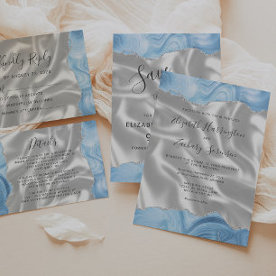 Convite Casamento de Seda Branca de Agata Azul Pastel