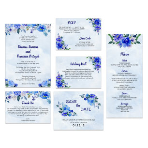 Convite para Casamento Floral Real Blue Watercolor