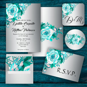 Convite Aqua Rosa e Silver Wedding