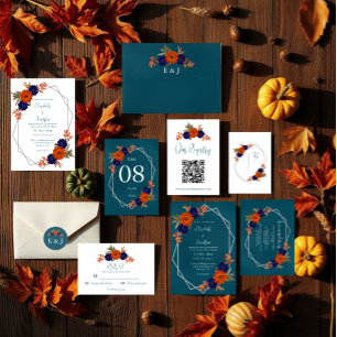 Convite Casamento Floral Azul Naval Laranja Outono Rústico
