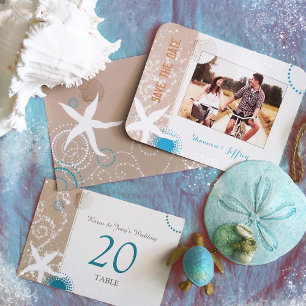 Convite Tan Ivory Teal Modern Beach Wedding