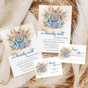 Convite Ursinho-peludo-peludo pampas flores azuis