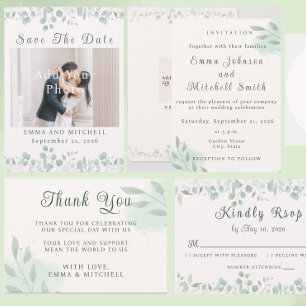 Cartão RSVP Casamento Minimalista Botânico em Verde Sálvia Sim