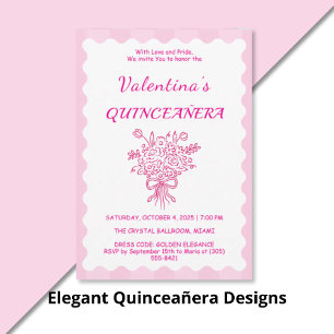 Convite Elegante Quinceañera Buquê Floral   Rosa e Branco