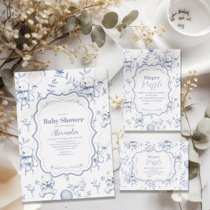 Cartão De Informações Toile De Jouy Bear Diapper Raffle Chá de fraldas