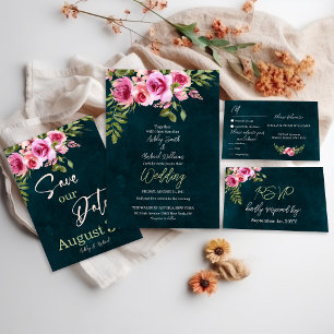 Convite Classic Emerald Green Floral Dark Moody Wedding