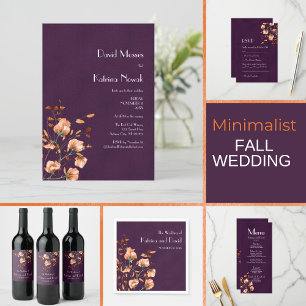 Convite Casamento outono de Florais Laranja Queimados Roxo