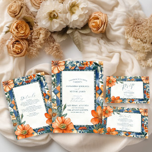 Convite Azulejos Florais Modernos Azul e Branco